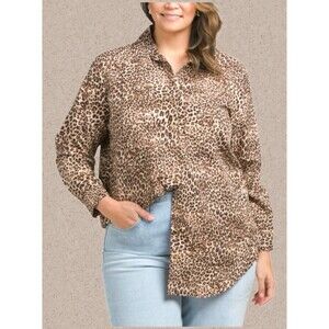 "Us Together" Women's Oversized Blouse Plus 2X Brown Cheetah Print Button Up NWT